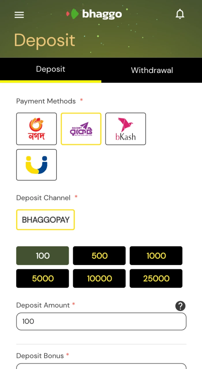 To start playing at Bhaggo online casino you need to make a deposit.